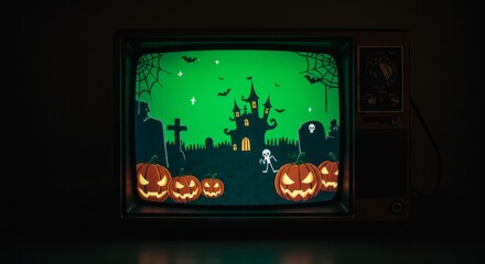 Halloween Night on Old Television - Spooky Halloween cartoon on vintage TV screen.  Pumpkins, castle, graveyard, bats, skeleton symbolize autumn, fright, tradition, nostalgia, and spooky fun.