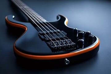 Fototapeta premium Close-up view of an electric bass guitar featuring a glossy black body and orange accents. The strings, knobs, and bridge are prominently displayed, highlighting its modern design
