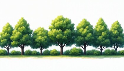 Fototapeta premium Illustration of tree line with green trees, shrubs in summer on white background. Panorama row of deciduous trees oak, maple, elm, birch. Landscaping element for gardens, parks forest recreation