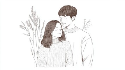 Couple embraces amidst autumnal plants; romantic illustration for greeting cards