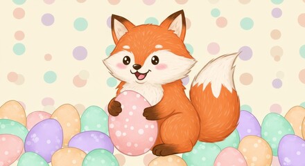 Fototapeta premium Happy Easter Fox with Eggs Polka dots - Adorable fox holding a pastel egg surrounded by colorful Easter eggs. Symbolizing spring, new beginnings, joy, celebration, and family.