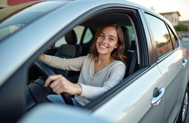 Smiling teenage girl learns to drive silver car. Beginner student driver happy attends driving school course. Caucasian woman smiles and holds steering wheel. Road safety transport theme.