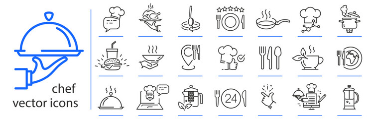 chef icons, cooking tips from the chef, kitchen recipes icon set, simple symbols, linear vector illustration, outline editable stroke