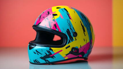 Fototapeta premium A vibrant, multicolored motorcycle helmet with yellow, pink, and blue abstract patterns, symbolizing safety and style for bikers.