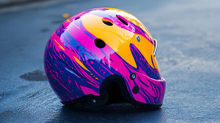 A vibrant and colorful sports helmet resting on ice, symbolizing sports safety and athletic readiness