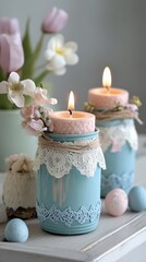 Beautiful upcycled glass jars as Easter candle holders with pastel colors and floral decorations