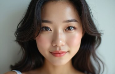 Fototapeta premium Close-up shot shows Asian woman with radiant skin in studio light. She smiles at camera. Photo ideal lifestyle campaigns, beauty products, cosmetic ads, skin care solutions.