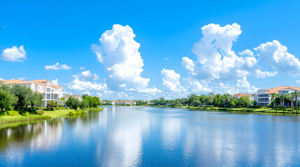 Lakeside community, sunny day, Florida, tranquil scene, real estate