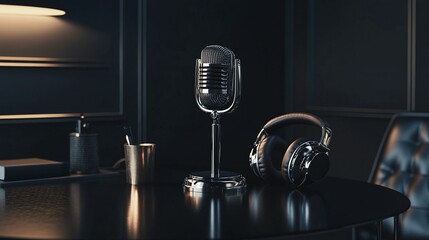 Retro Microphone and Headphones on Table – Vintage Radio Broadcast Setup with Matte Black Background