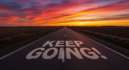 Keep Going Road to Success - Aspirational image symbolizing perseverance, journey, hope, achievement, and future success.  A road stretches towards a vibrant sunset.