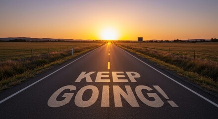 Keep Going Road to Success - Aspiring, Motivational, Journey, Sunrise, Determination.  A road stretching towards a vibrant sunrise, emblazoned with the words "Keep Going!"