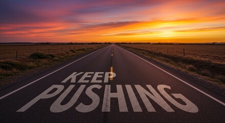 Keep Pushing Forward on Life's Journey - Sunrise road, motivational message, perseverance, ambition, future success.  A journey towards goals.
