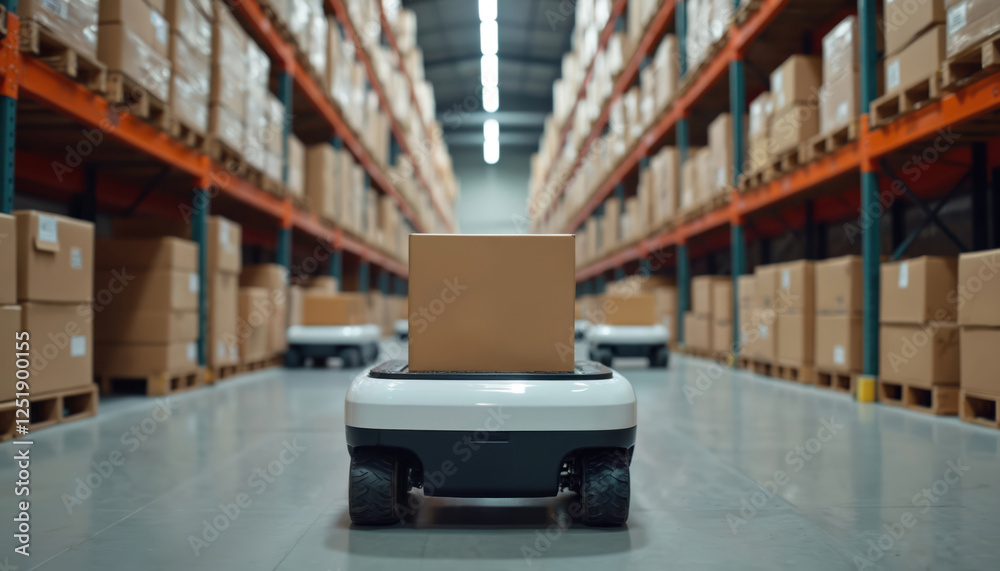 Leinwandbilder modern warehouse uses autonomous mobile robots for transporting packages. amr robot drives package b