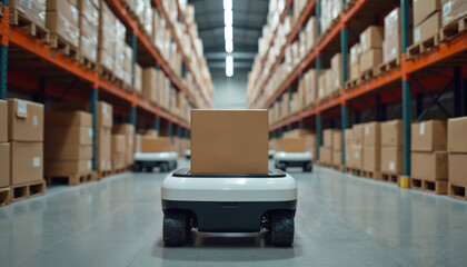 Modern warehouse uses autonomous mobile robots for transporting packages. AMR robot drives package between shelves in storage. Automated logistic optimizes distribution, cargo, freight, supply chain