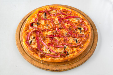 Traditional Turkish cuisine. Pizza, pita, pidesi, sucuk, hummus, kebab. Many dishes on the table. Serving dishes in restaurant. Mix, formaggi, veggie pizza. Top view, flat lay
