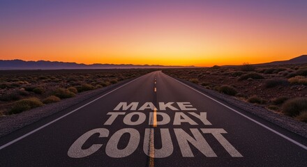 Naklejka premium Make Today Count: Road to Success - Motivational image of a road at sunset with the words 