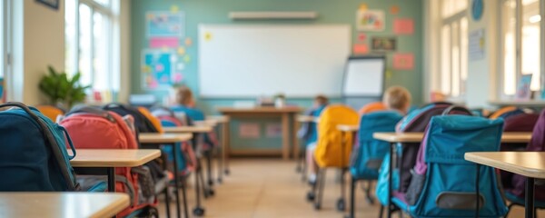 Classroom shows desks with bags. Back to school concept with interior of an education place for learning. Schoolchildren sit at desks. Whiteboard in background. Bright light in class.
