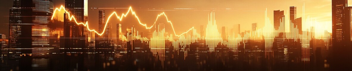 Naklejka premium Futuristic Economic Crisis with Declining Stock Chart Over Cyberpunk Metropolis at Twilight