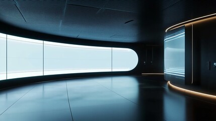 Futuristic Minimalist Showroom with Massive Curved LED Display and Ambient Lighting – Ultra-HD 3D Render