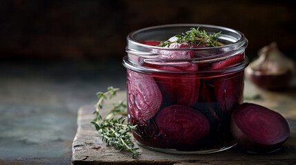 Sliced beets are preserved in a glass jar, immersed in a dark liquid and garnished with fresh thyme. The jar rests on a rustic wooden board, surrounded by additional beets and background herbs