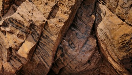 Texture of brown rock. Mountain rough cracked surface. Close-up. Stone granite wall background with copy space for design. Wide banner. Panoramic. Grunge background.