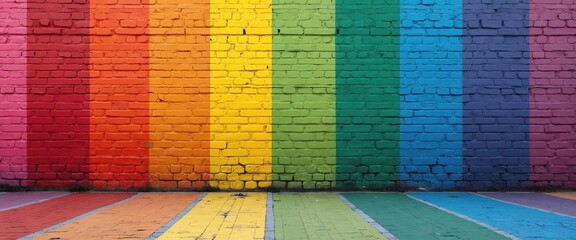 Bold rainbow stripes painted on brick wall during pride month, vibrant theme banner. Street art with many colors on urban city wall, represents community equality, inclusion, diversity, festive