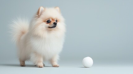 Fluffy Pomeranian puppy playing ball, studio shot