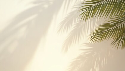 Neutral beige background with palm frond shadows. Soft light, tropical leaf silhouette on texture wall. Minimal design, nature pattern, organic, earth-tone color, calm backdrop.