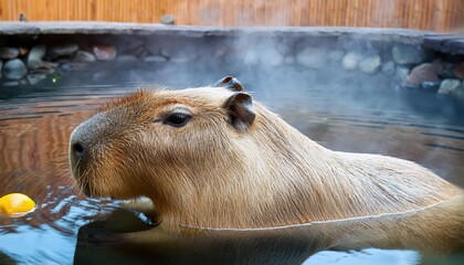 This serene moment captures a capybara nestled in the warmth of a traditional Japanese onsen. The gentle steam rises around it, creating a peaceful atmosphere