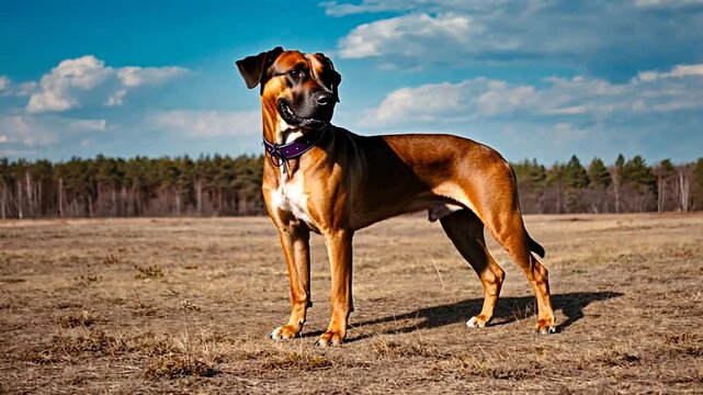 A majestic brown dog stands tall in an open field, gazing confidently into the distance