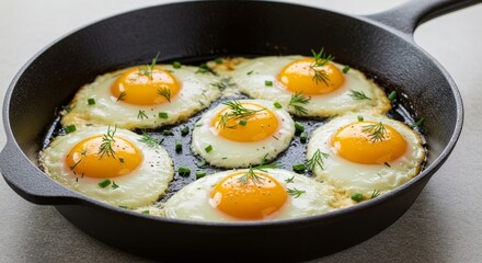 Sunny Side Up Eggs in Cast Iron Skillet - Six perfectly cooked sunny side up eggs in a cast iron skillet, garnished with fresh herbs.  Symbolising: breakfast, freshness, simplicity, wholesomeness