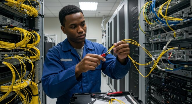 Technician Working on Server Network Cables - A focused technician meticulously connects fiber optic cables in a server room, symbolizing technology, connectivity, precision, expertise, and progress.