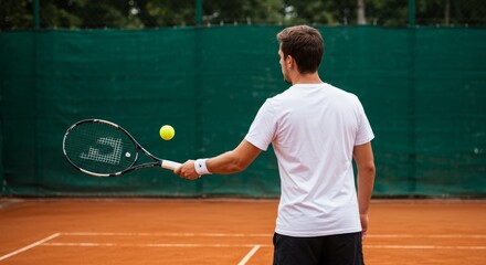 Tennis Player Serving a Ball - A male tennis player prepares to serve, symbolizing athleticism, competition, skill, focus, and summer sports.  The scene is dynamic and energetic.