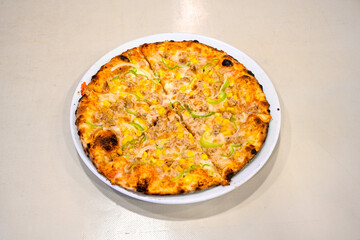 Traditional Turkish cuisine. Pizza, pita, pidesi, sucuk, hummus, kebab. Many dishes on the table. Serving dishes in restaurant. Mix, formaggi, veggie pizza. Top view, flat lay