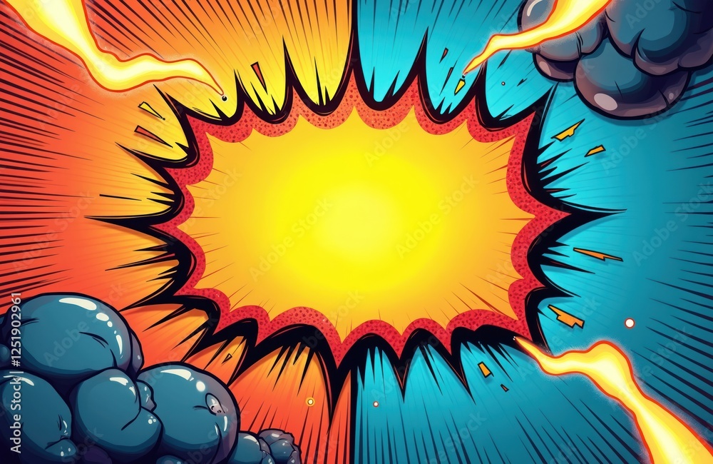 Poster halftone frame comic cartoon contrasted with colorful background, lightning. pop art explosion desig
