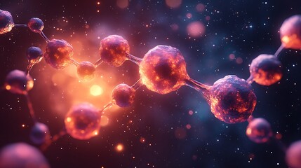 Intricate molecular structure with vibrant colors and complex patterns floating in a dark space background