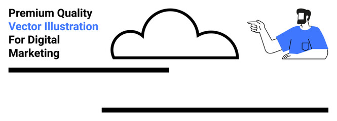 Cloud outline with a bearded man in a blue shirt pointing right. Ideal for digital marketing, cloud computing, online services, communication, technology, business strategy, flat landing page banner
