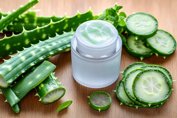 Bowl of cucumbers and a jar of cucumber cream sit on a table. The cucumbers are sliced and arranged in a way that they look like they are ready to be eaten