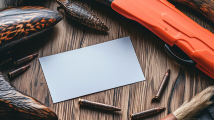 Shotgun and Ammunition Display on Wooden Background: Promote Gun Safety and Accessories with Orange Blank Template