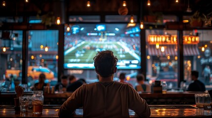 Obraz premium A group of people watching tv football in a sports bar.
