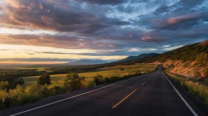 Naklejka premium Endless Scenic Highway Through Rolling green mountains with sky clouds and natural landscape at sunrise 
