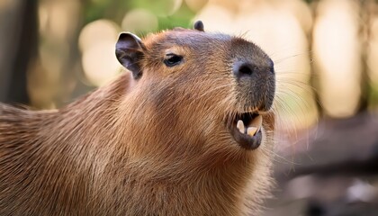 Bright sunlight illuminates a cheerful capybara, its goofy grin revealing front teeth while it gazes playfully at the viewer. A moment capturing the charm of wildlife