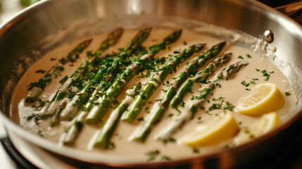 Fresh green asparagus is gently cooked in a creamy sauce, enhanced by vibrant herbs and lemon slices, creating an appetizing dish on the stovetop during a cozy kitchen moment