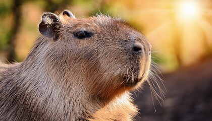 Captivating expression of a capybara with a big, contented smile, its head tilted slightly, basking in the golden rays of sunlight. A moment reflecting pure happiness in nature