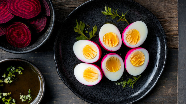 A collection of pink pickled eggs is artfully arranged on a dark plate. Fresh herbs and sliced beets complement the presentation, creating an inviting atmosphere for a flavorful dish