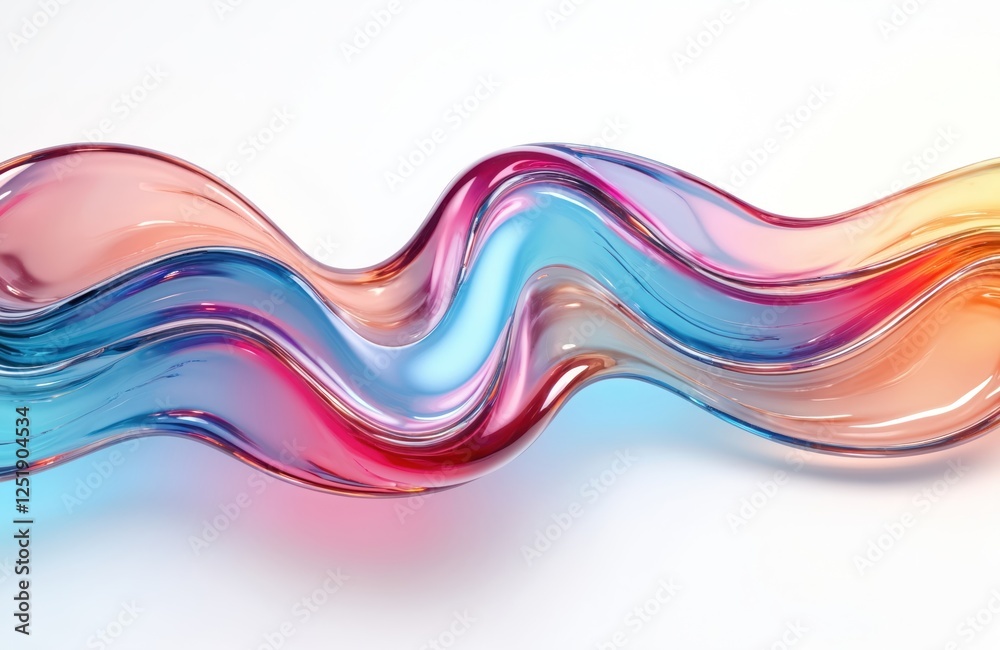 Poster abstract flowing liquid glass shape with colorful reflections. ribbon of curved water features gloss