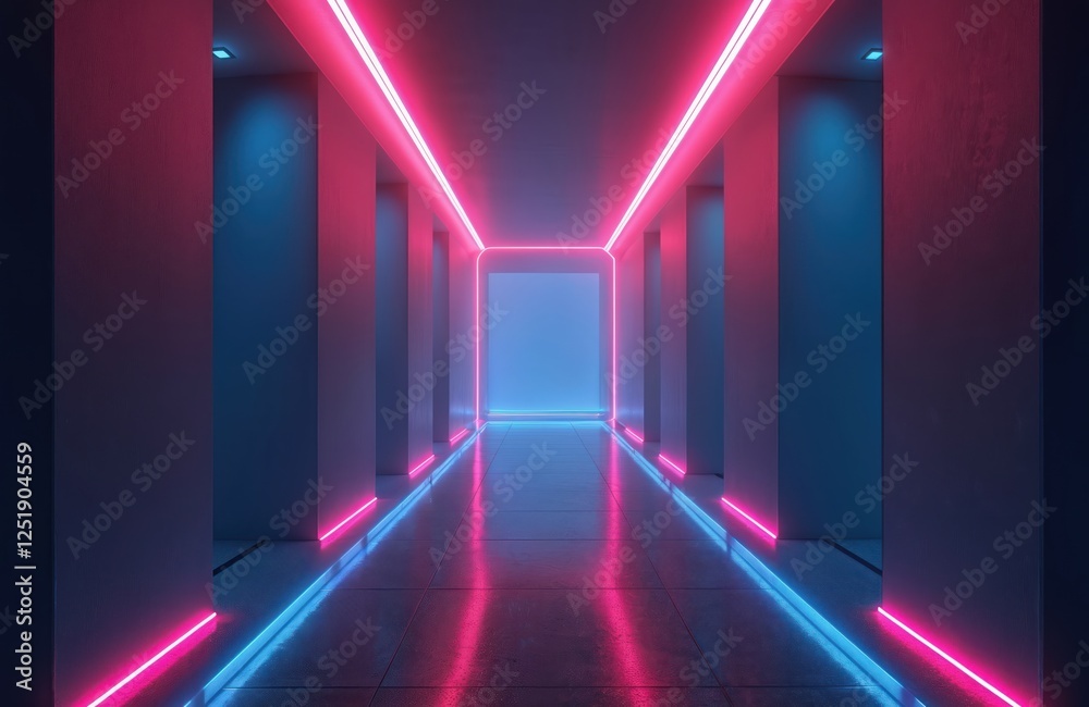Poster Dark futuristic tunnel with neon lights gives abstract tech vibes. Blue and pink glowing lines frame wall perspective reflecting on floor. Empty scene for show presentation stage.