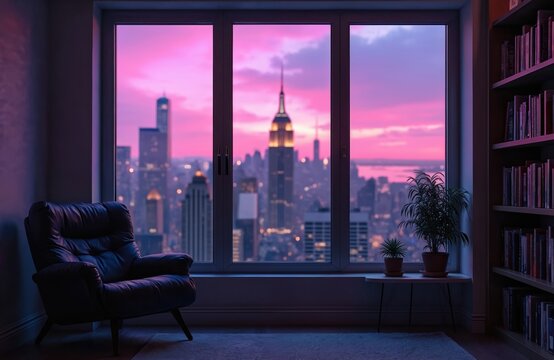 Fototapeta Purple sunset glows over city view seen from a window. Armchair plants and books create interior scene. Calm atmosphere design for modern lifestyle at night.