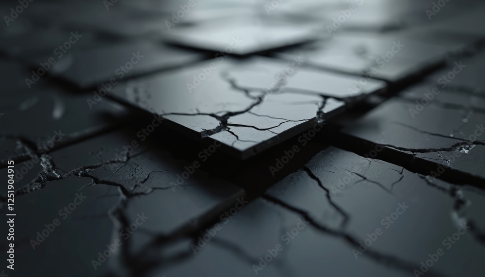 Poster Three-dimetional black sheets stacked in levels. Dark color backgrounds. Futuristic cracked design for tech, space, sci-fi presentation. Abstract textured wallpaper. Conceptual backdrop with depth of