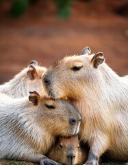 A close-knit group of capybaras shares a moment of warmth and comfort in a serene environment, their soft fur blending together as they huddle closely, embodying their social spirit